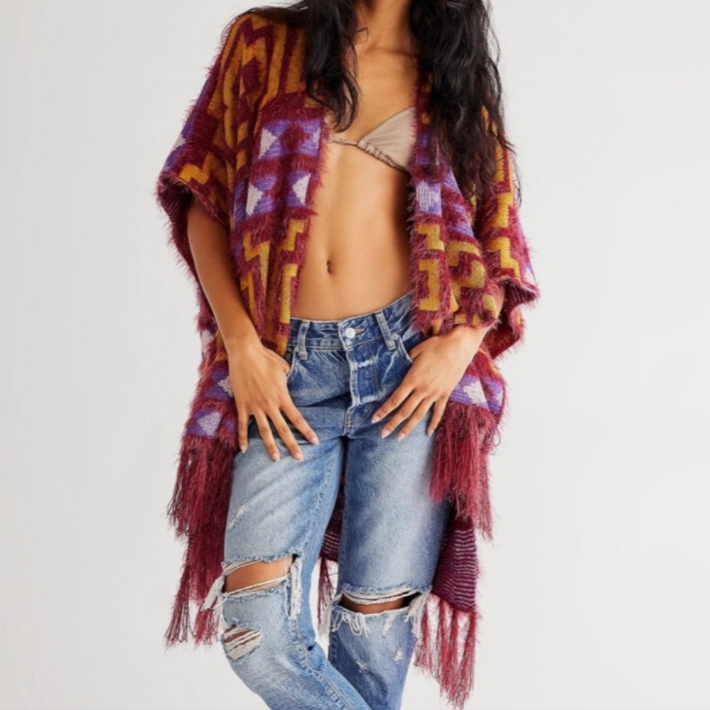 Free People Diamondback Magenta Dreams Boho Chic Kimono Poncho Tassle OS